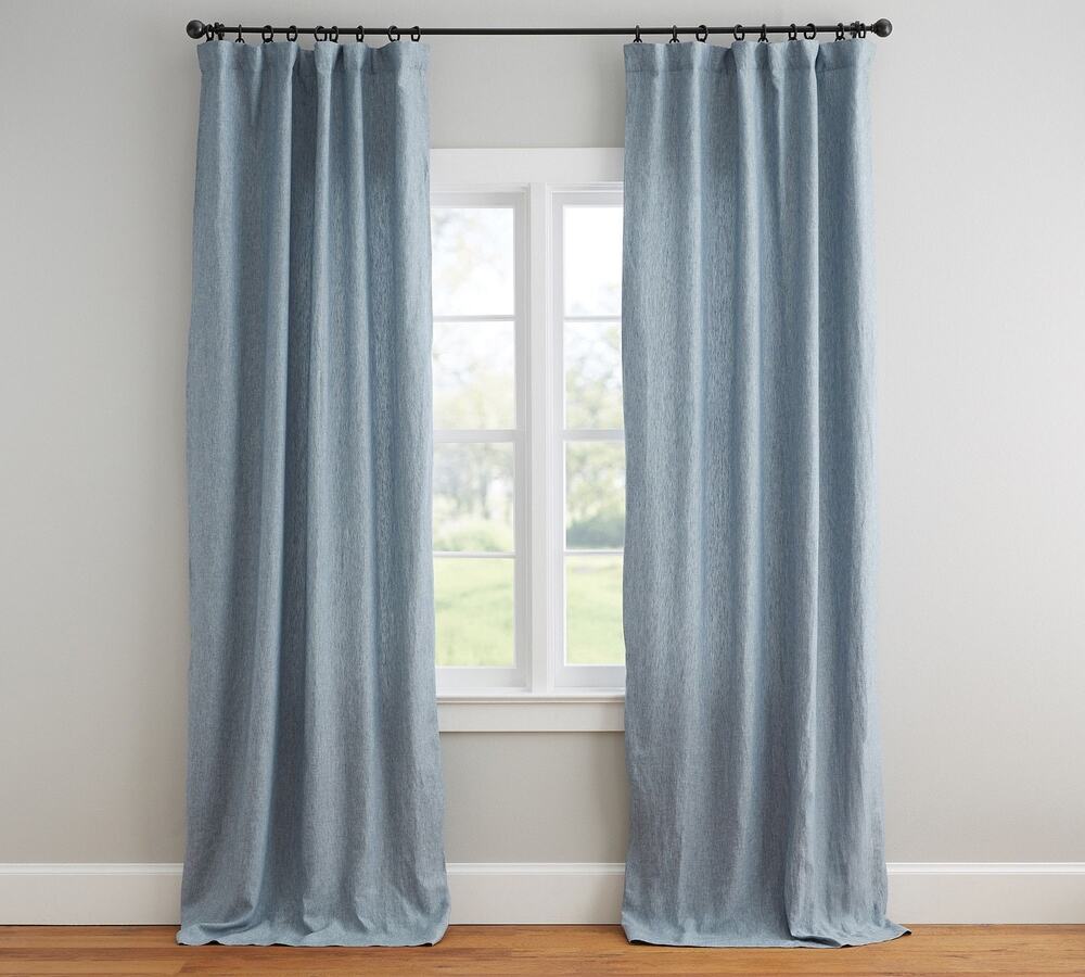 Pottery Barn Blue Chambray Linen 2 Curtain Panels 80 X 56